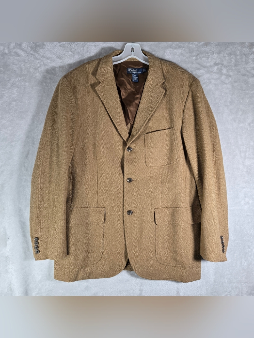Polo Ralph Lauren Herringbone Blazer Large L Brown Patch Pockets Wool Silk Brown